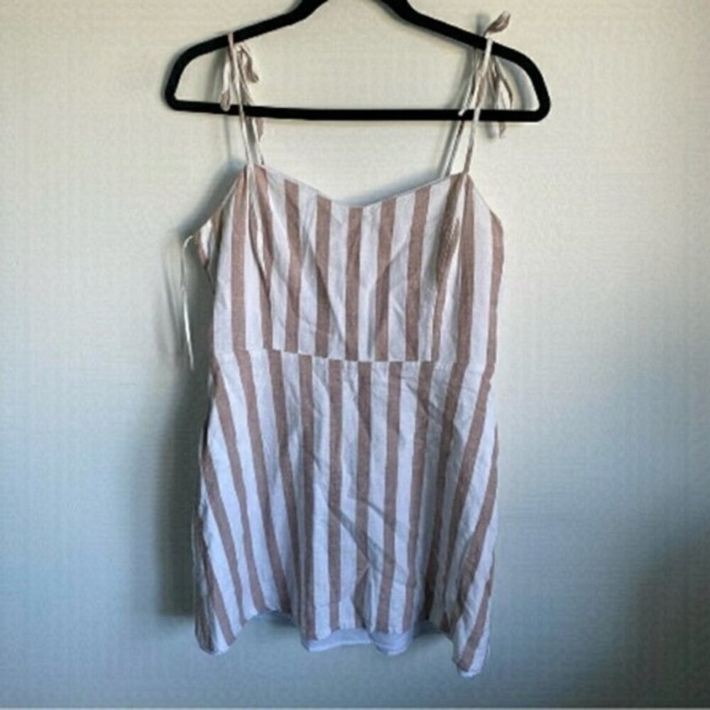 DYNAMITE Linen Mini Self Tie Straps Dress in Beige White Stripes • Medium